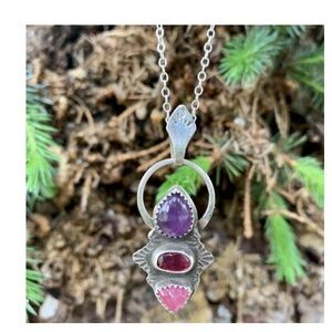Conductor Necklace in Garnet Amethyst Pink Tourmaline, Sterling Silver, Herkimer